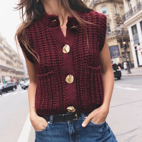 Zara Burgundy Knit Sweater Vest with Gold Buttons - Picture 1 of 6